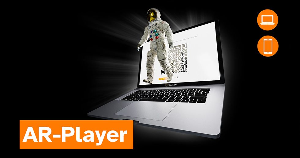 Ein Astronaut kommt Dir aus einem QR-Code auf einem Laptop-Bildschirm entgegen. Text: AR-Player