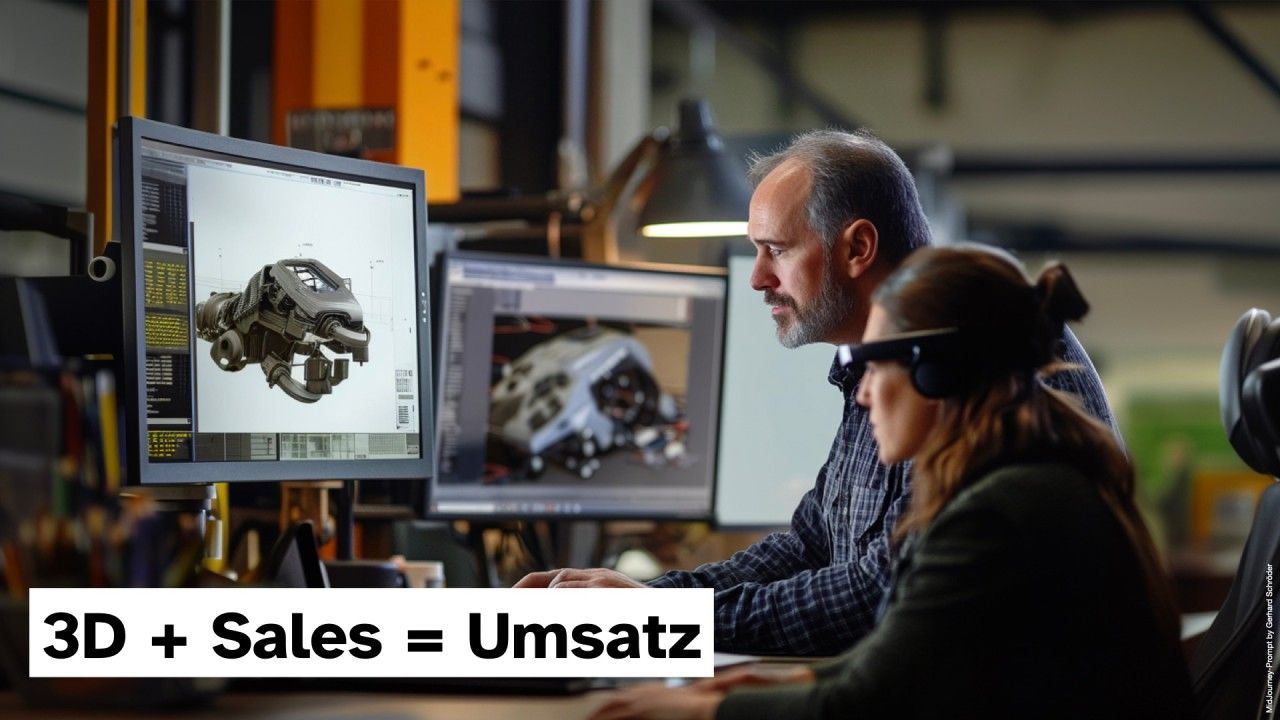 CAD Arbeitsplatz, davor ein graubärtiger Mann und eine junge Frau mit Datenbrille, Schriftzug: 3D + Sales = Umsatz