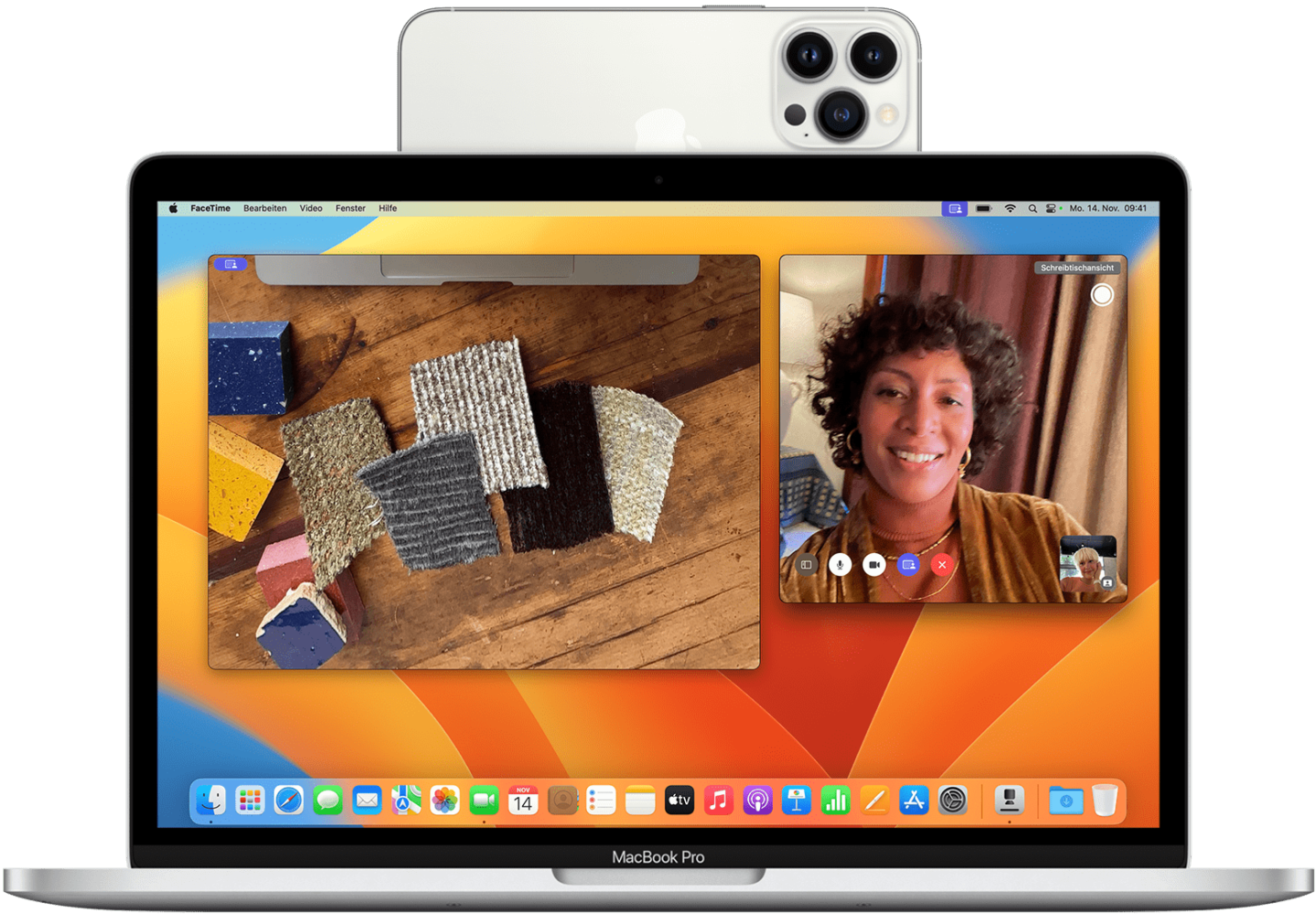 Aufgeklappter MacBook mit angeklemmtem iPhone nutzt Schreibtisch-View in FaceTime um 4 Teppich-Muster zu zeigen