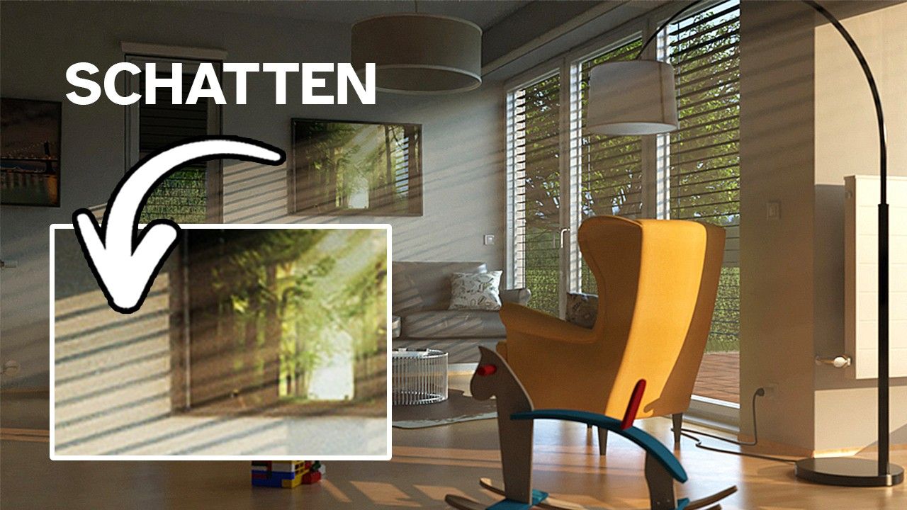 3D-Wohnzimmer-Szene mit Schatten von Rollos an einer Wand. Schriftzug: Schatten
