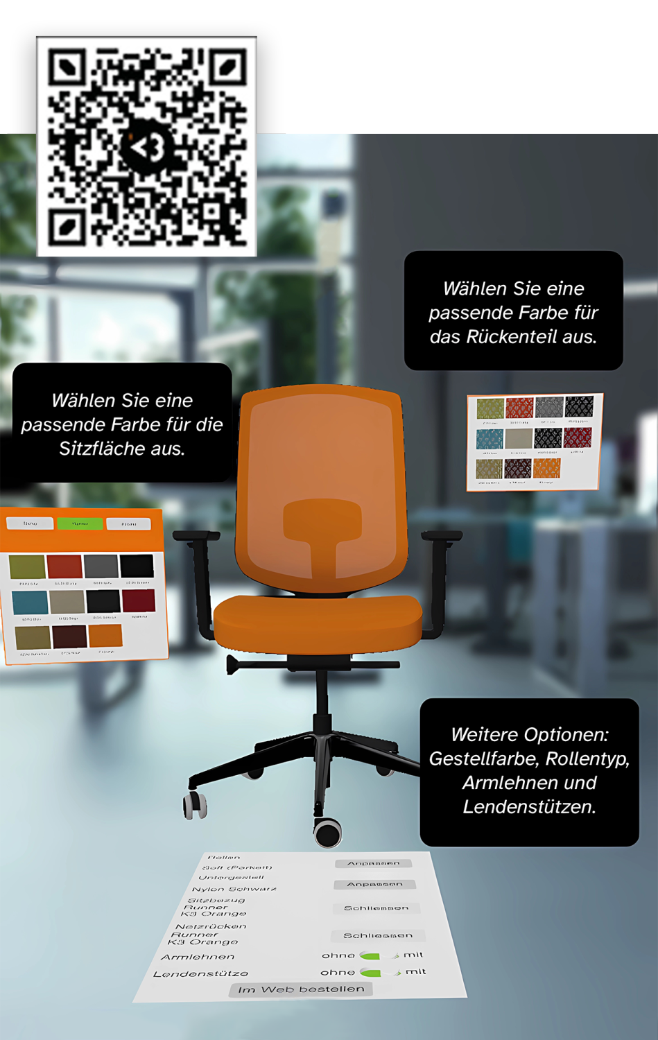 Spatial Ansicht eines konfigurierbaren Bürostuhls mit QR-Code