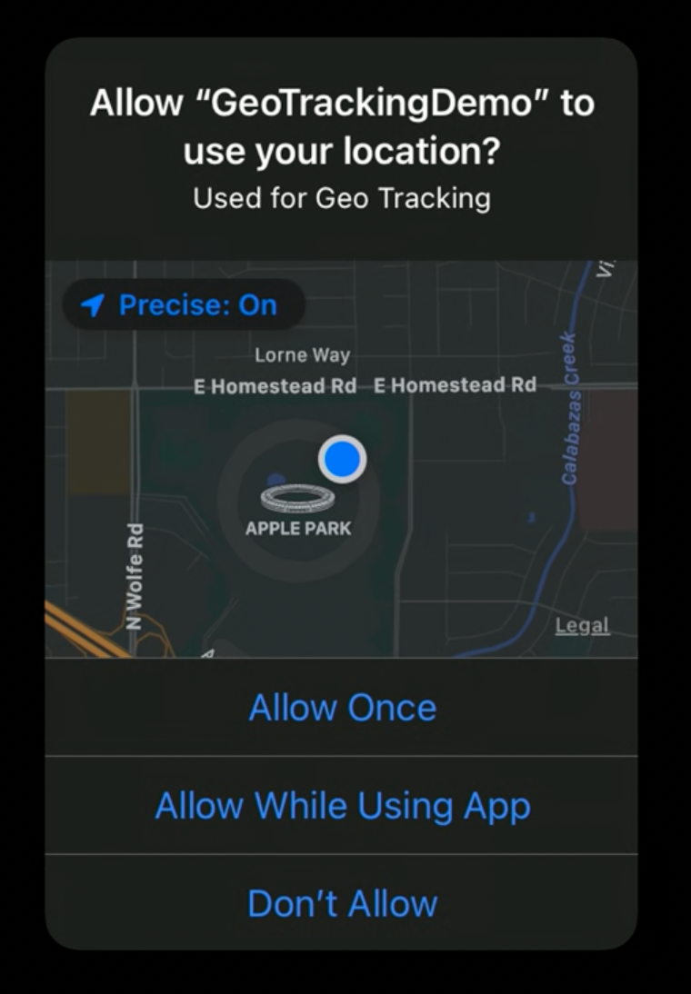 Screenshot: Allow "GeoTrackingDemo" to use your location?