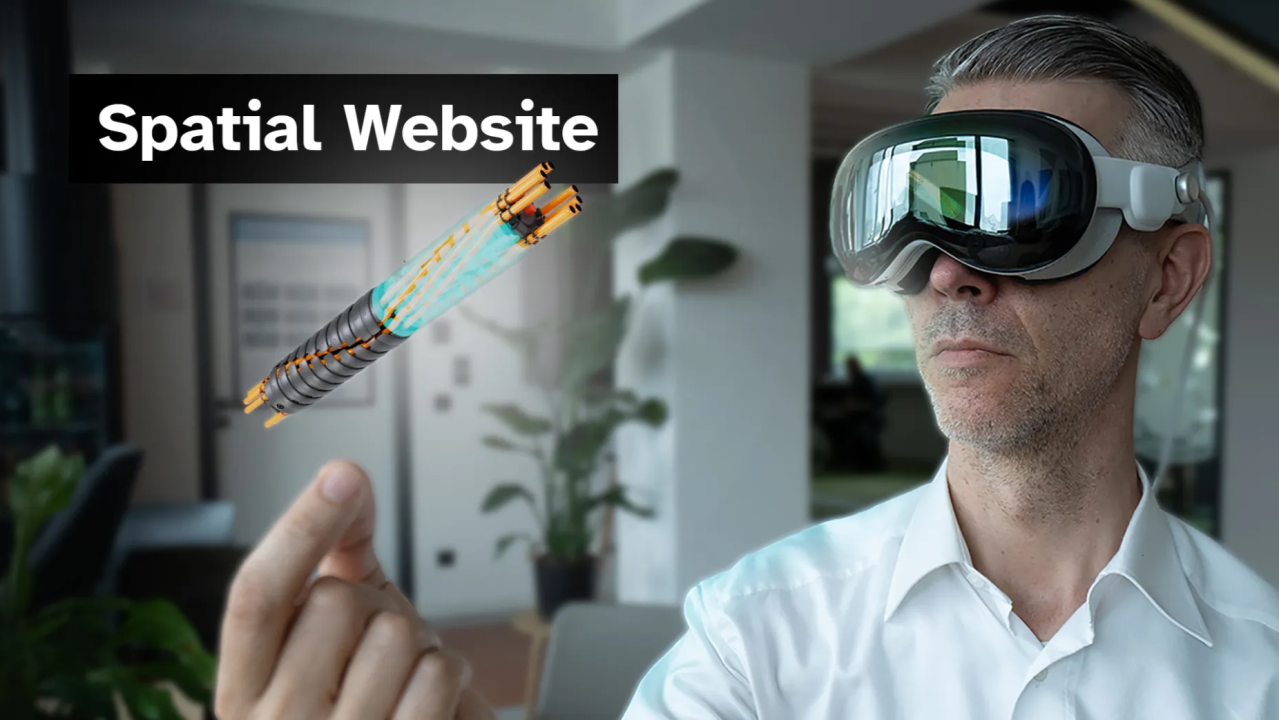 Gerhard Schröder mit einer Apple Vision Pro. Vor ihm schwebt ein AR Element