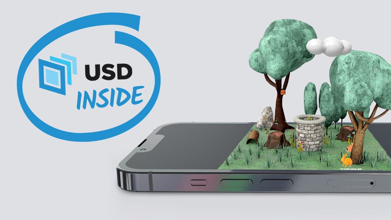 iPhone liegend mit Märchen-Szene auf dem Display stehend. Schriftzug: USD inside