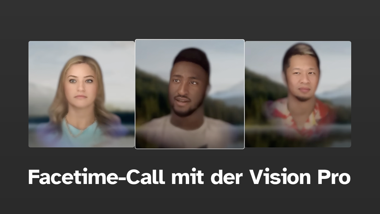 3 Vision Pro FaceTime Avatare nebeneinander, Schriftzug Facetime-Call mit der Vision