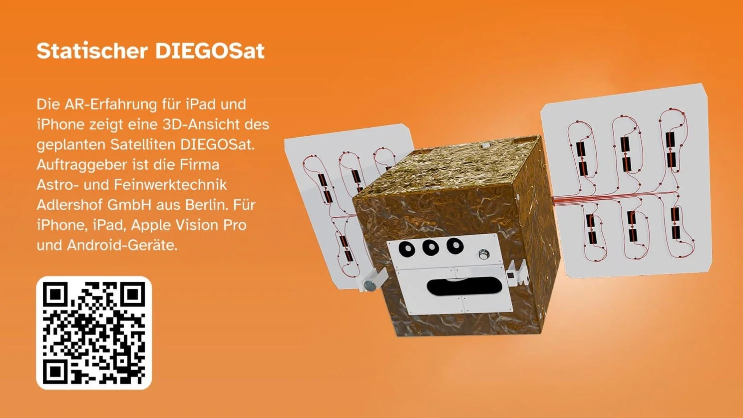 Statischer DIEGOSat – Konzeptmodell mit QR-Code für AR-Erfahrung auf iPhone, iPad und Apple Vision Pro