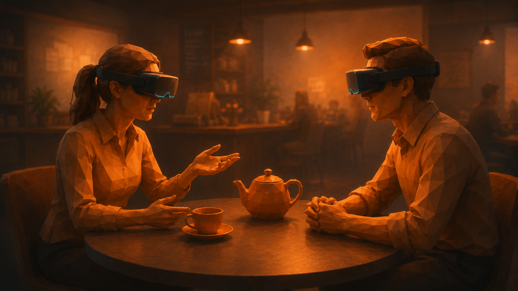 Zwei Personen mit VR-Headsets im Gespräch — Warm-Amber-Atmosphäre
