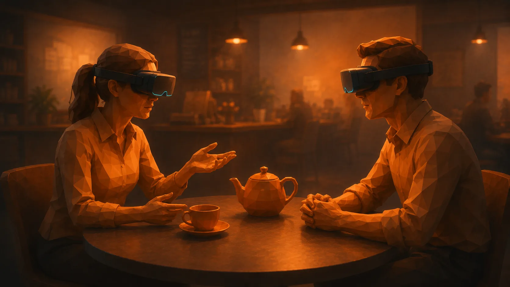 Zwei Personen mit VR-Headsets im Gespräch — Warm-Amber-Atmosphäre
