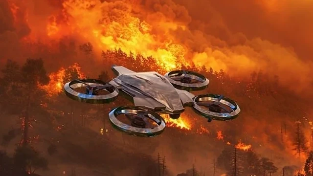 Fire Fighting Dragon Feuerlöschdrohne in Löschkonfiguration, AR-Visualisierung