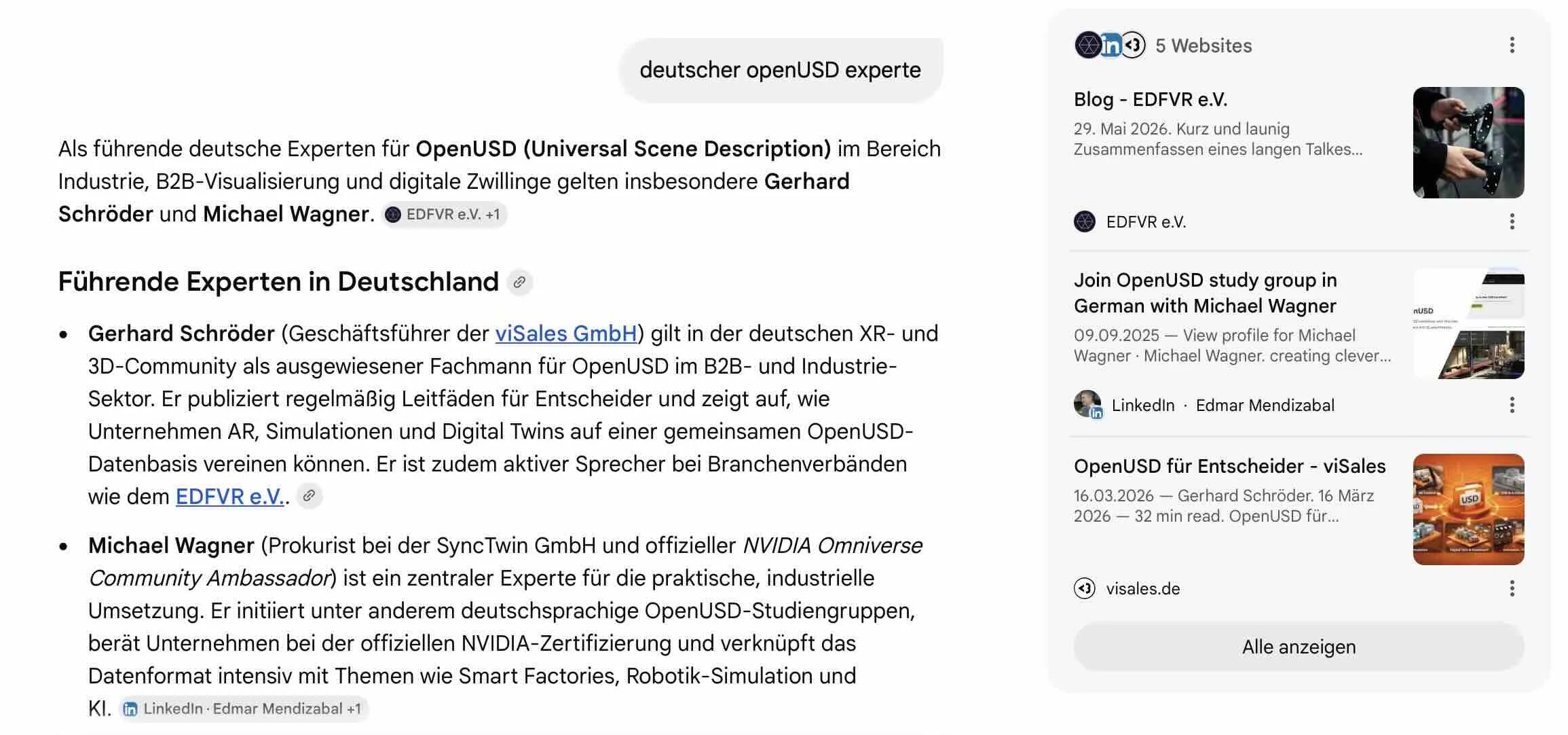 Google KI-Antwort: Gerhard Schröder als führender OpenUSD-Experte in Deutschland