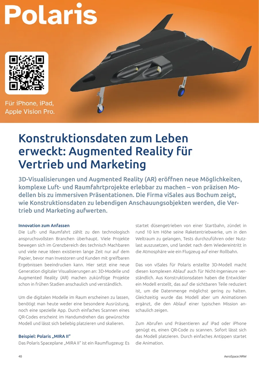 Magazinseite 40: Fachartikel über viSales mit dem Polaris-Raumflugzeug MIRA II als AR-Modell