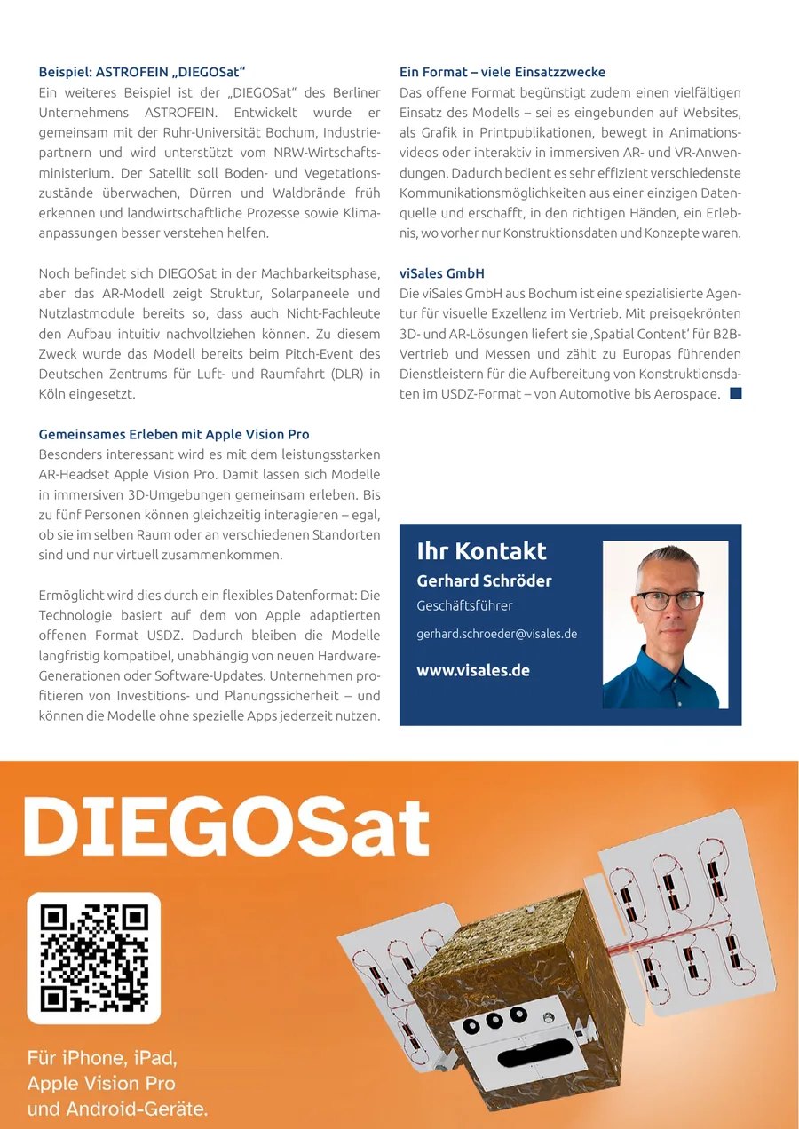Magazinseite 41: DIEGOSat als AR-Modell, Apple Vision Pro und viSales-Firmenporträt