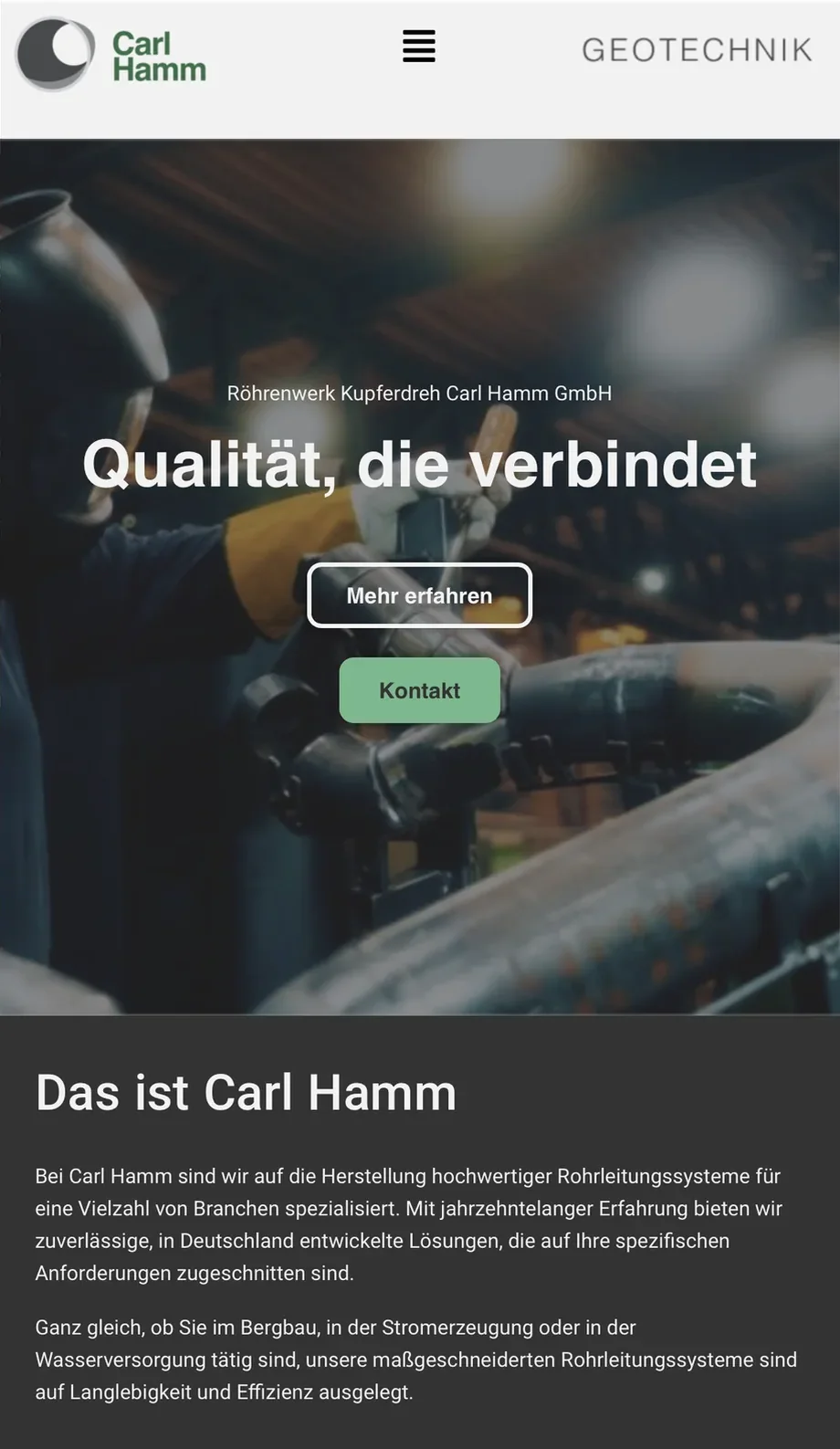 carl-hamm.com in der Mobile-Ansicht: Startseite mit Claim und Unternehmensvorstellung