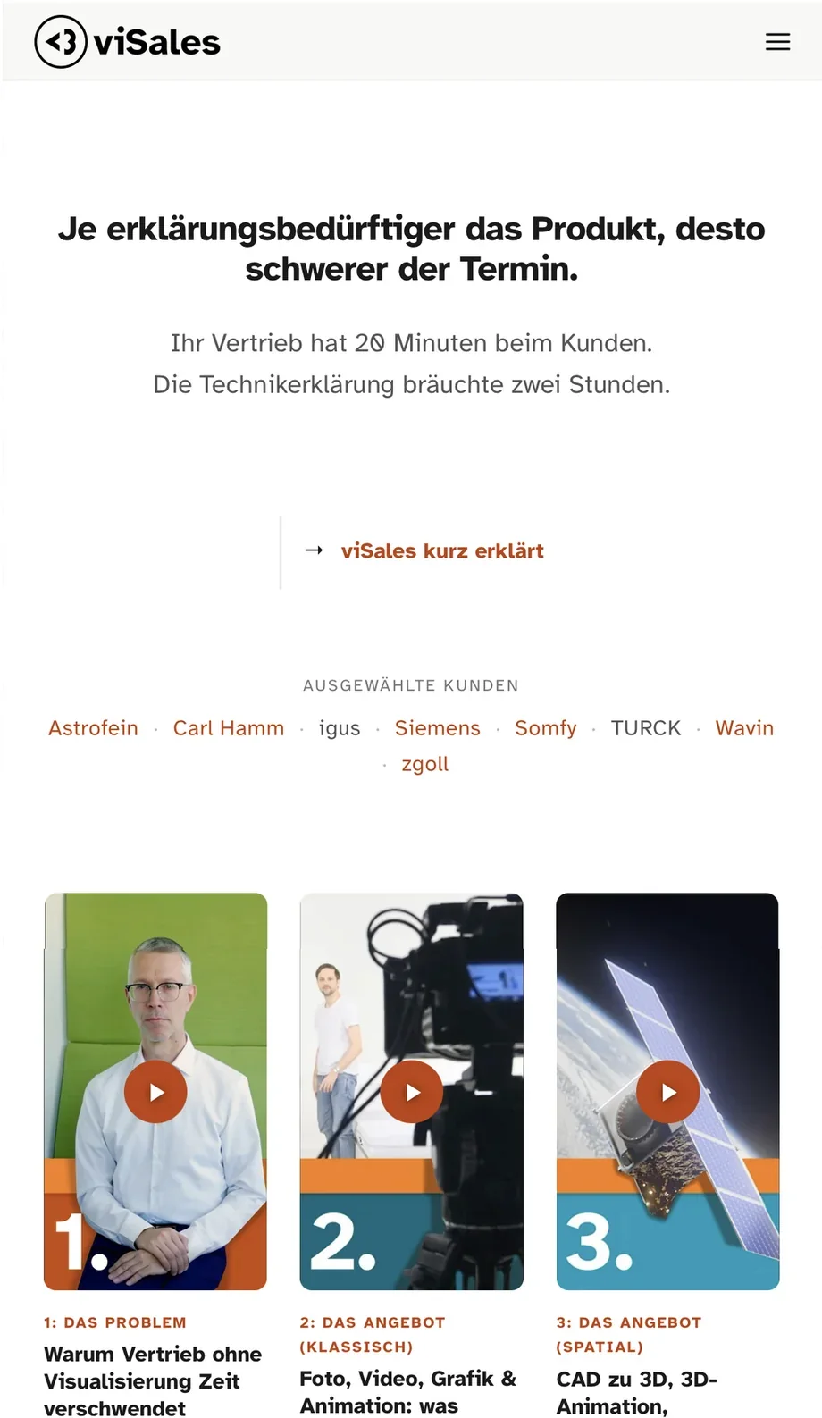 visales.de in der Mobile-Ansicht: Einstieg mit Kundenliste und Videoreihe