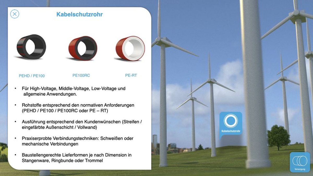 Interaktive Präsentationsseite zu Wavin-Kabelschutzrohren für Energieinfrastruktur, im Kontext eines Windparks