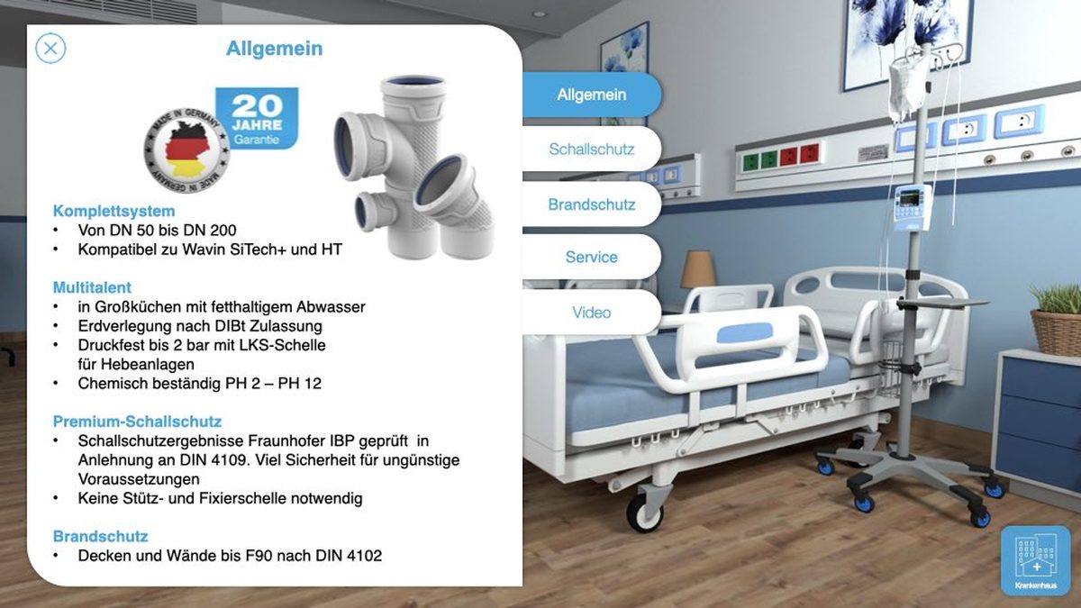 Interaktive Präsentationsseite für den Anwendungsfall Krankenhaus: Wavin-Rohrsystem mit Schallschutz- und Brandschutzdaten im Klinikraum-Kontext