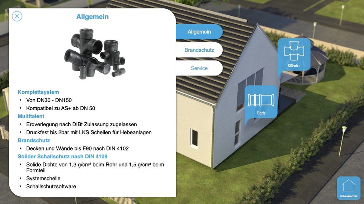 Produktdetailseite in der interaktiven Wavin-Präsentation: Rohrsystem-Komplettlösung im Gebäudekontext eines Einfamilienhauses