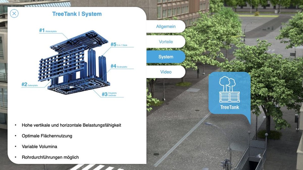 Interaktive Präsentationsseite zum Wavin TreeTank-System für Regenwassermanagement im urbanen Straßenraum