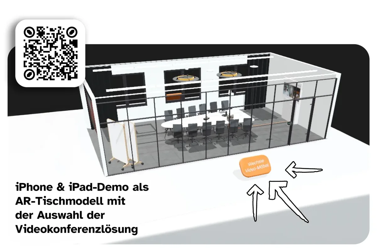 AR-Tischmodell auf dem Smartphone: QR-Code startet die interaktive Vorschau mit Auswahl der Videokonferenzlösung