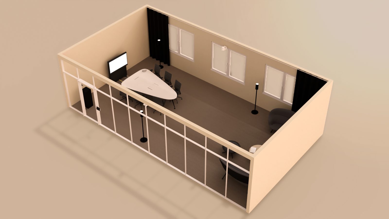 Virtueller Demoraum als 3D-Rendering: Konferenztisch, Wandbildschirm und Loungebereich für die räumliche AR-Präsentation bei zgoll