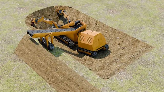 3D-Visualisierung der Auner-Grabenfräse beim Ausheben eines Grabens im Gelände