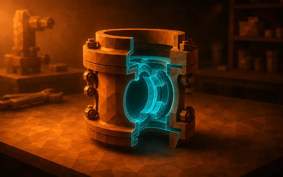 A pipe coupling cut open, the locking mechanism inside shown as a glowing digital layer