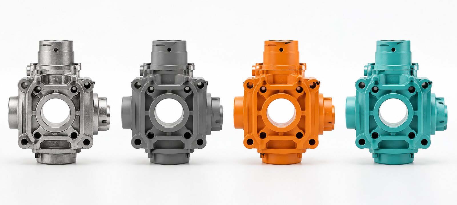 Vier identische Industriegehäuse nebeneinander in vier Ausführungen: Rohmetall, Grau, Orange und Cyan