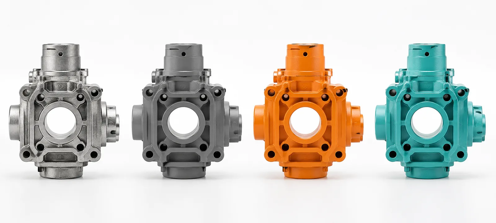 Vier identische Industriegehäuse nebeneinander in vier Ausführungen: Rohmetall, Grau, Orange und Cyan