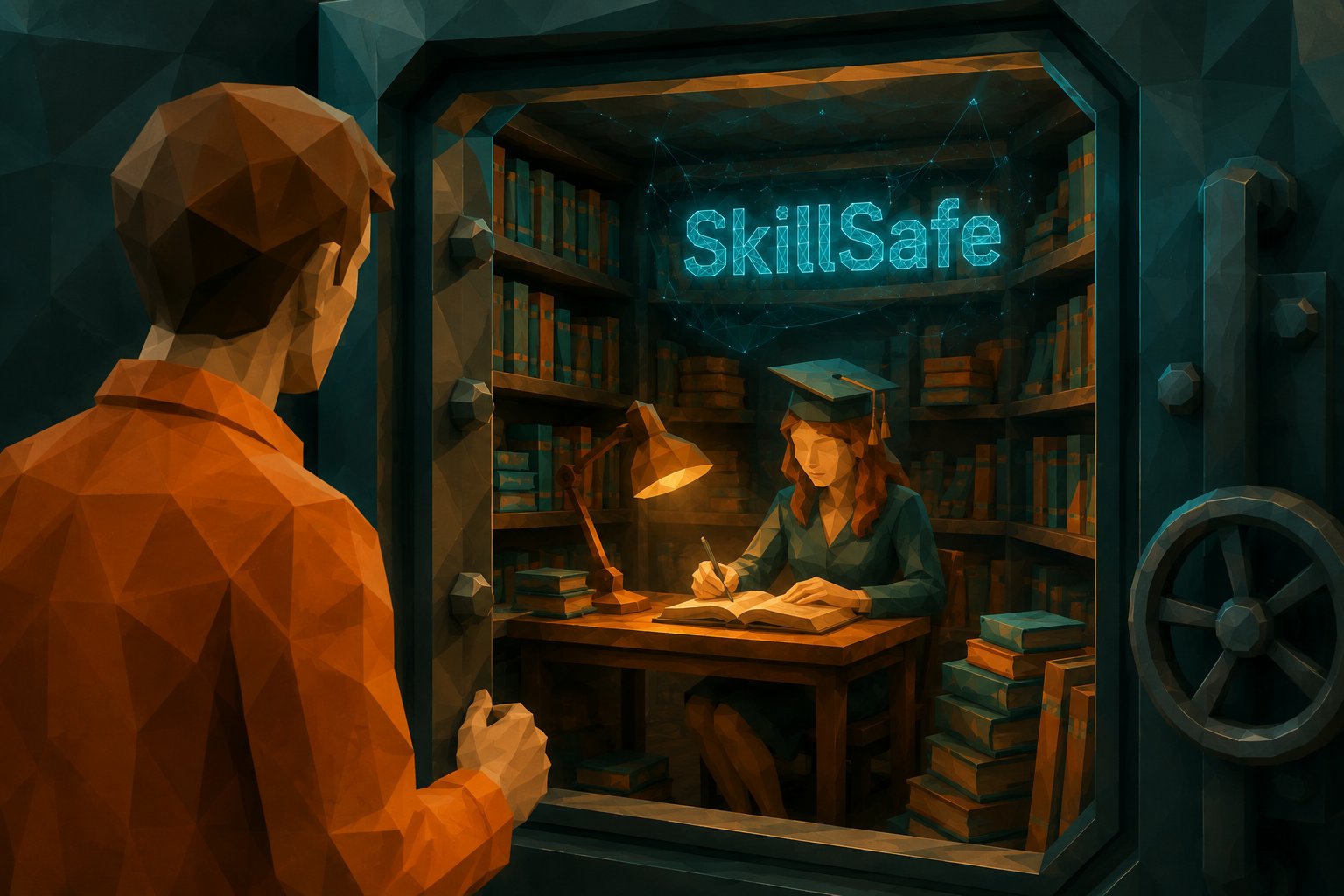 Low-Poly-Illustration: Blick durch eine offene Tresortür in eine Bibliothek, darüber der Schriftzug SkillSafe