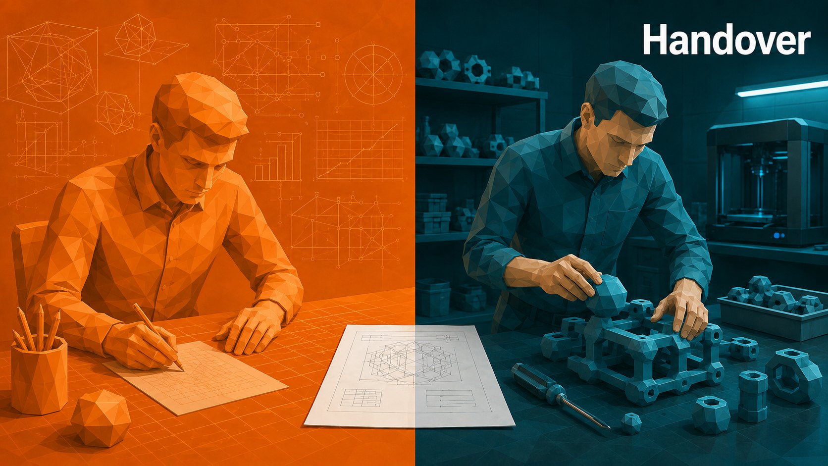 Low-Poly-Illustration in zwei Farbwelten: links in Orange ein Mensch, der einen Auftrag auf ein Blatt schreibt, rechts in Petrol ein Mensch, der danach baut, das Blatt liegt auf der Kante dazwischen, oben rechts der Schriftzug Handover