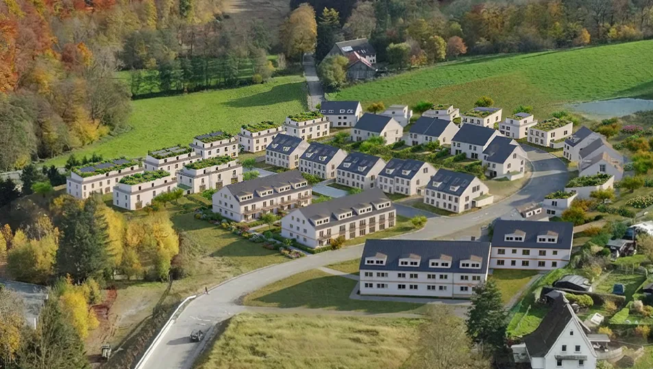 Neubaugebiet Fellershof in Velbert als 3D-Visualisierung, eingefügt in eine Luftbildaufnahme