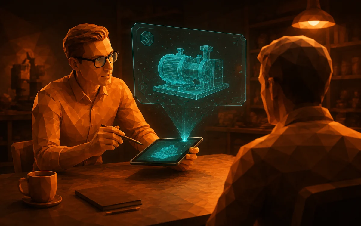 A sales engineer showing a machine to a customer, the model rising from the tablet as a hologram