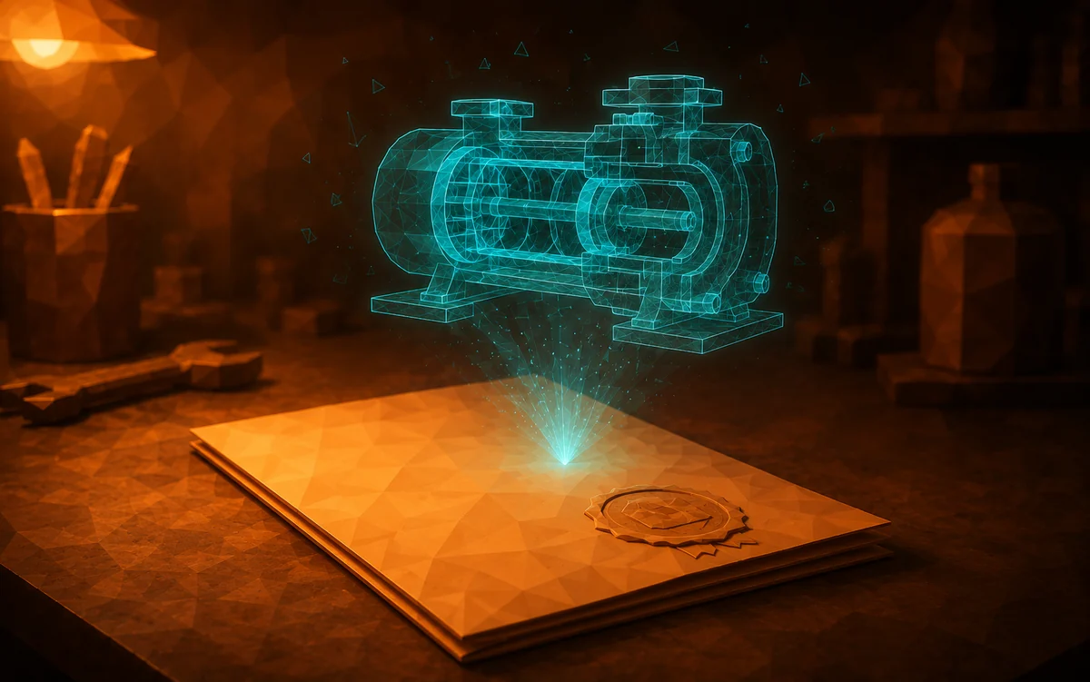A sealed certificate lying closed on a table, the machine it certifies rising above it as a hologram