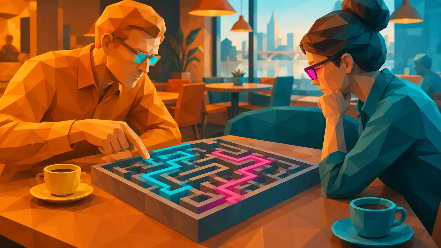 Zwei Personen mit AR-Brillen betrachten an einem Cafétisch ein 3D-Labyrinth mit zwei farbigen Pfaden, Low-Poly-Illustration in Orange und Cyan