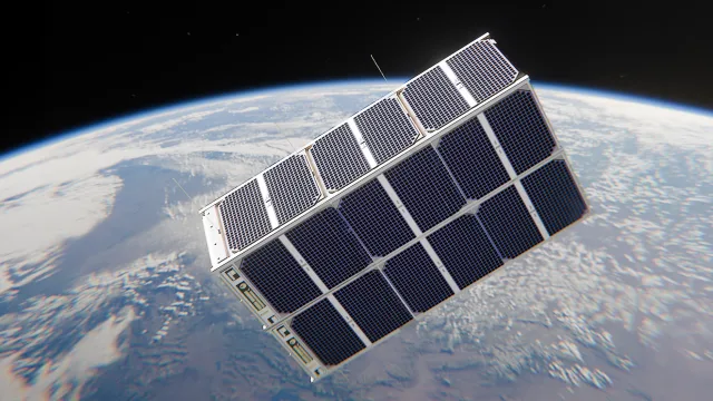 3D visualization of a Lamb Space Tec CubeSat in orbit above the Earth