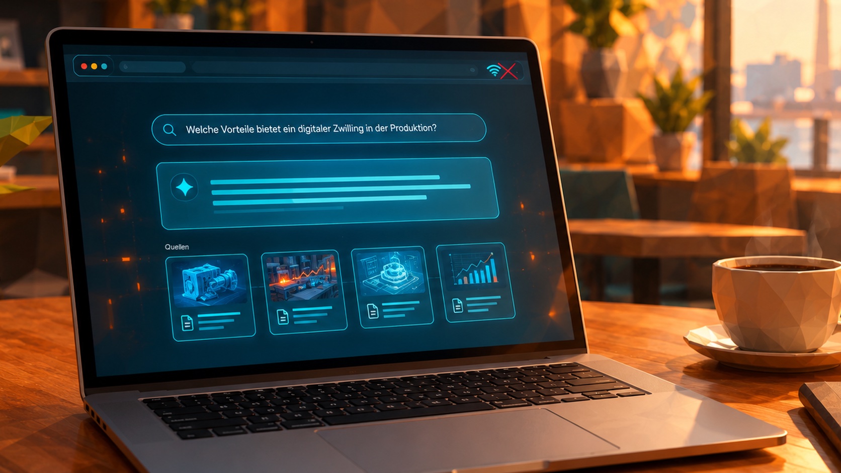 Laptop im Café mit der Fragen-Demo im Browser, WLAN ausgeschaltet, darunter vier Quellenkarten