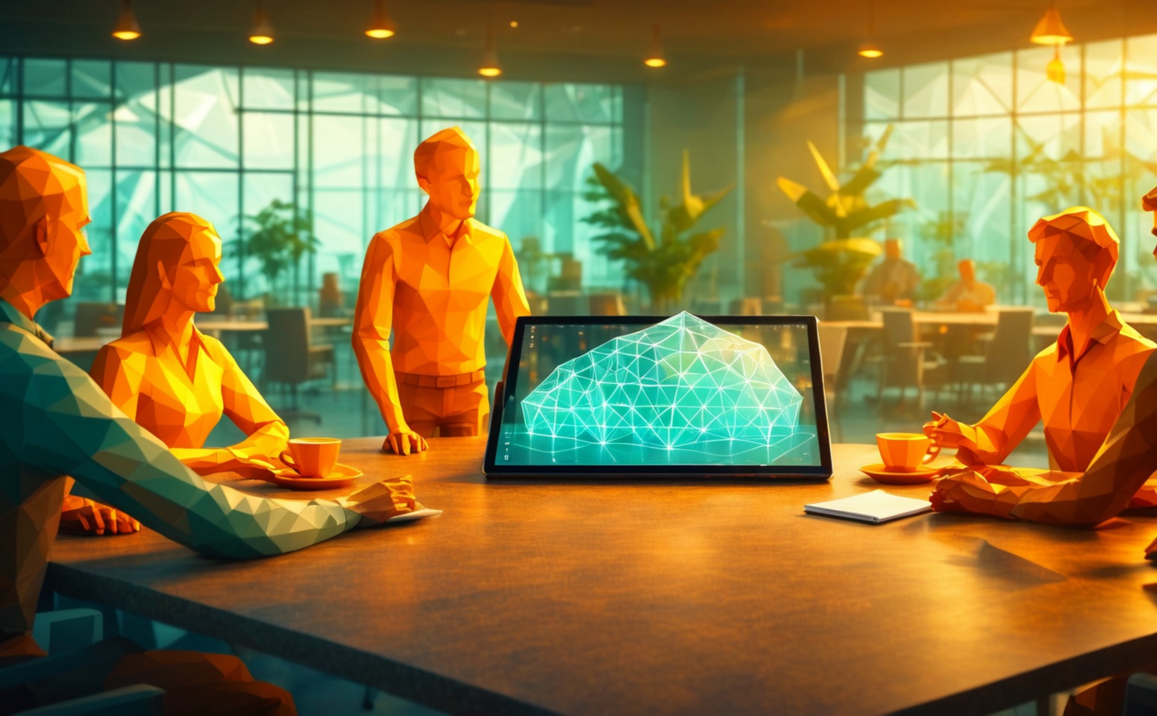 Low-Poly-Illustration: Marketingteam am Tisch, auf dem Tablet ein 3D-Modell als Gitternetz