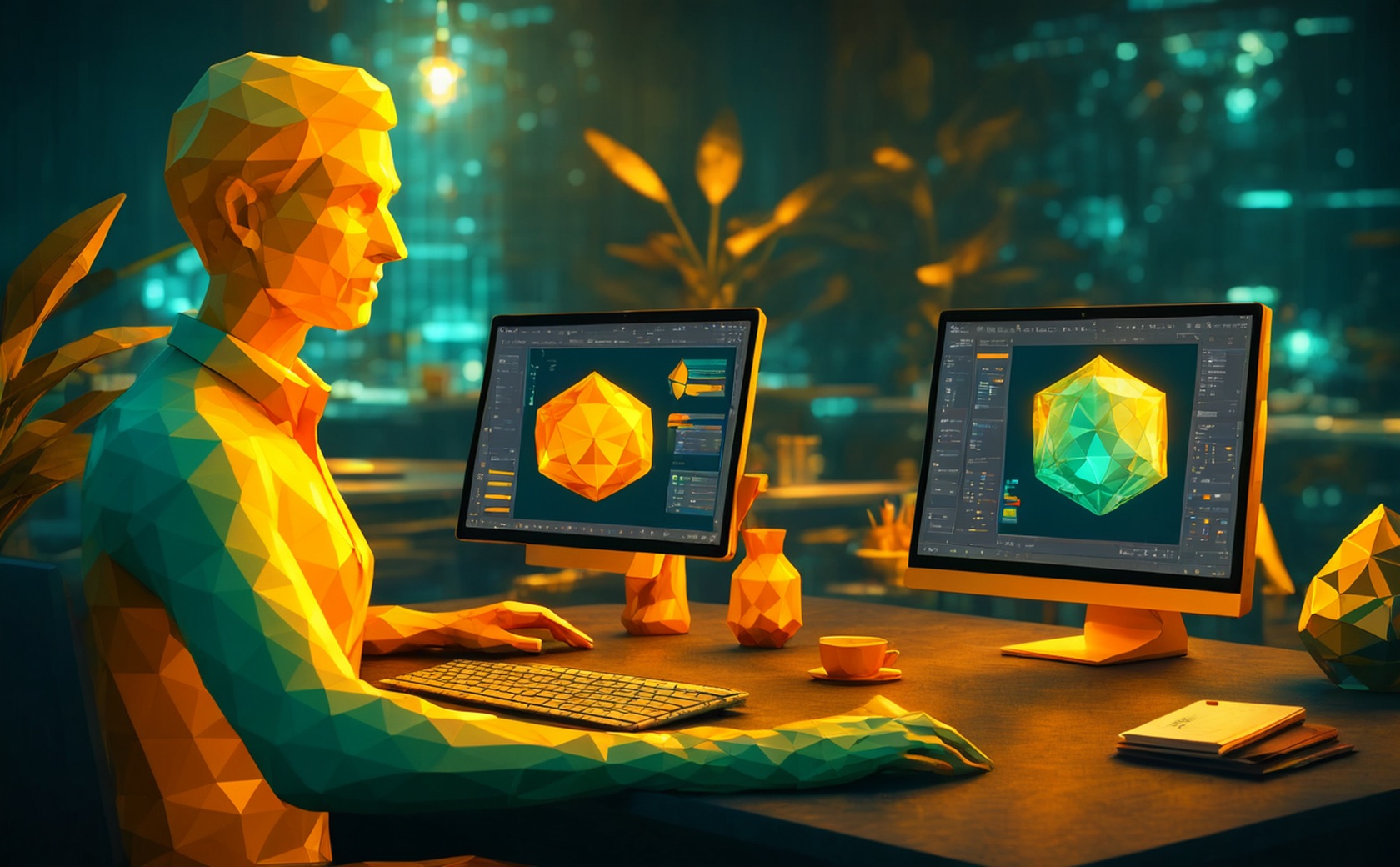 Low-Poly-Illustration: Konstrukteur an zwei Bildschirmen mit demselben Bauteil als 3D-Modell