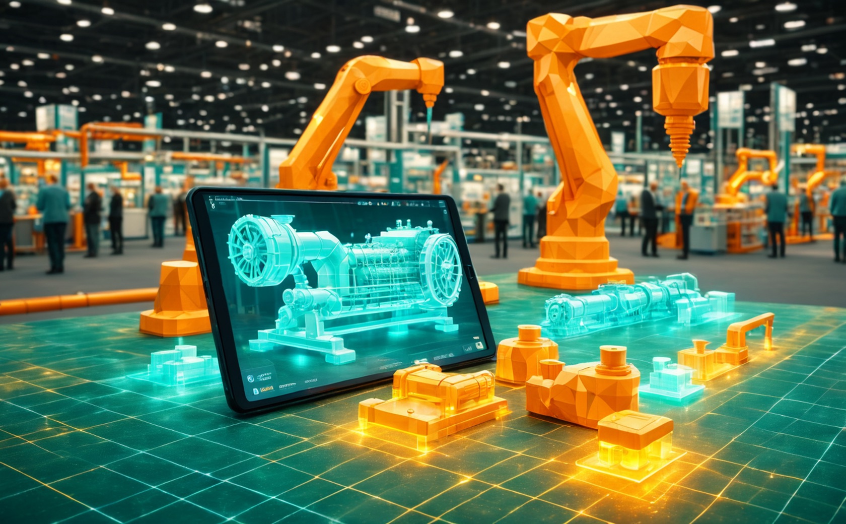 Low-Poly-Illustration: Tablet mit einer Anlagenkomponente als 3D-Modell auf einem Messestand, dahinter Roboterarme