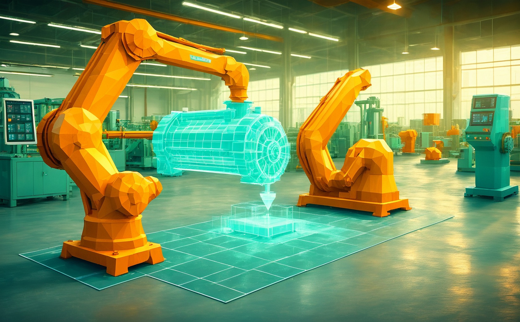 Low-Poly-Illustration: Werkhalle mit Roboterarmen, in der Mitte ein Bauteil als leuchtendes 3D-Modell