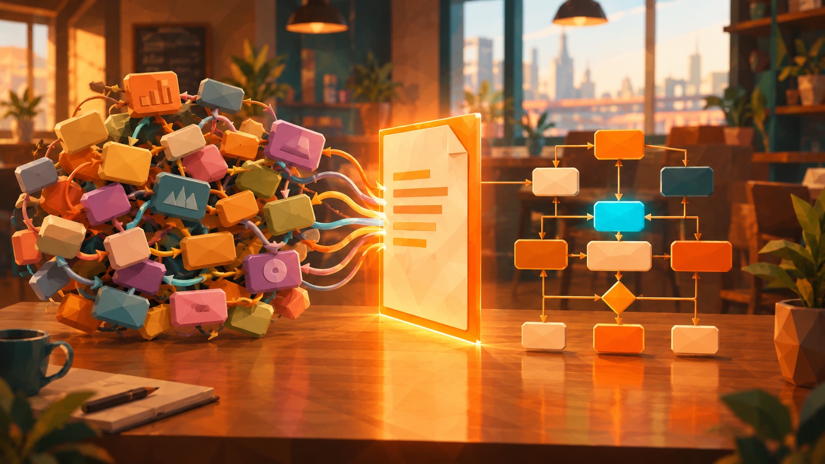 Low-Poly-Illustration in einem Café: links ein Knäuel bunter Diagramm-Kästchen, in der Mitte ein leuchtendes Blatt, rechts dasselbe Diagramm aufgeräumt in Orange mit einem einzigen cyanfarbenen Element