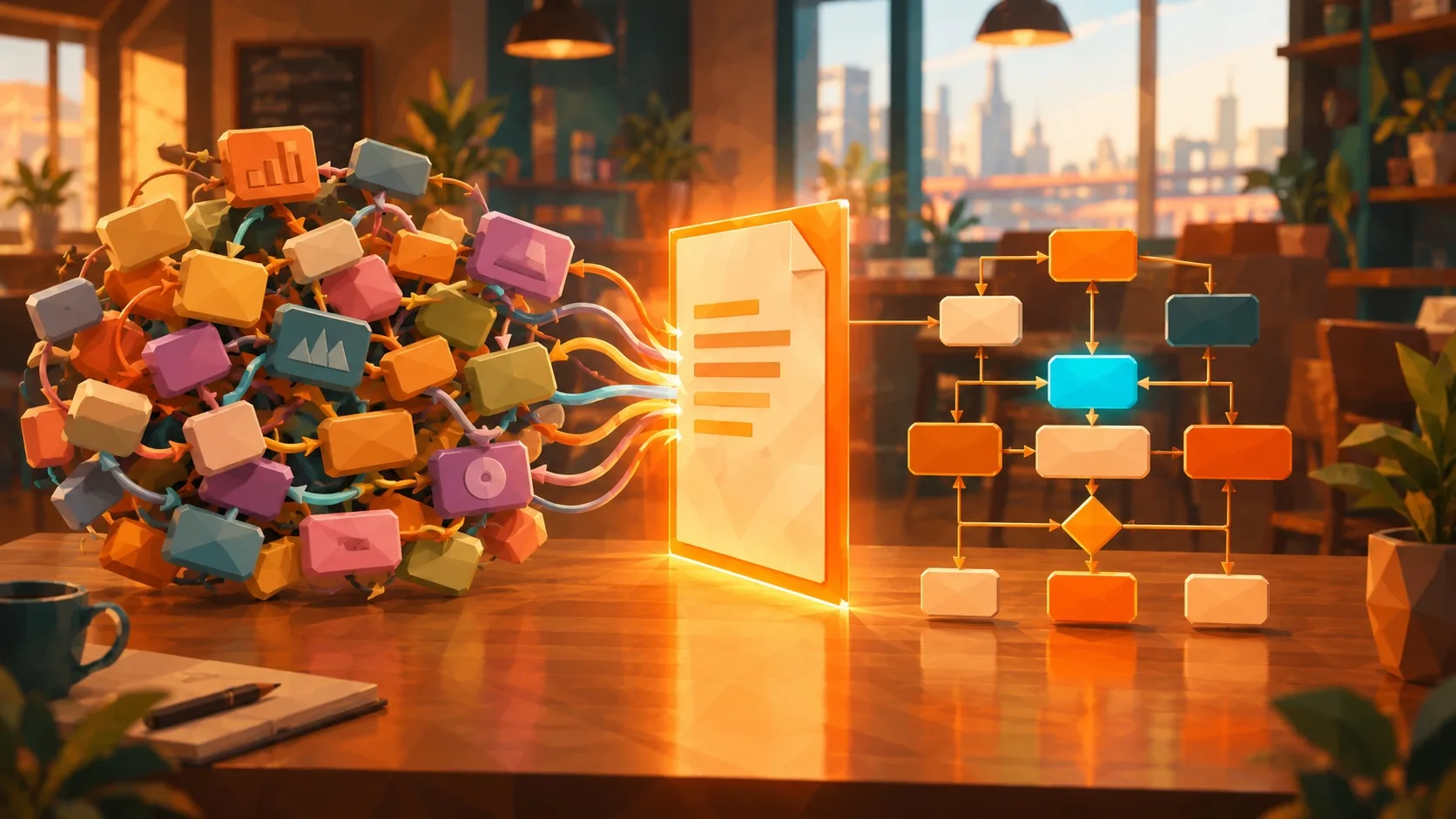 Low-Poly-Illustration in einem Café: links ein Knäuel bunter Diagramm-Kästchen, in der Mitte ein leuchtendes Blatt, rechts dasselbe Diagramm aufgeräumt in Orange mit einem einzigen cyanfarbenen Element