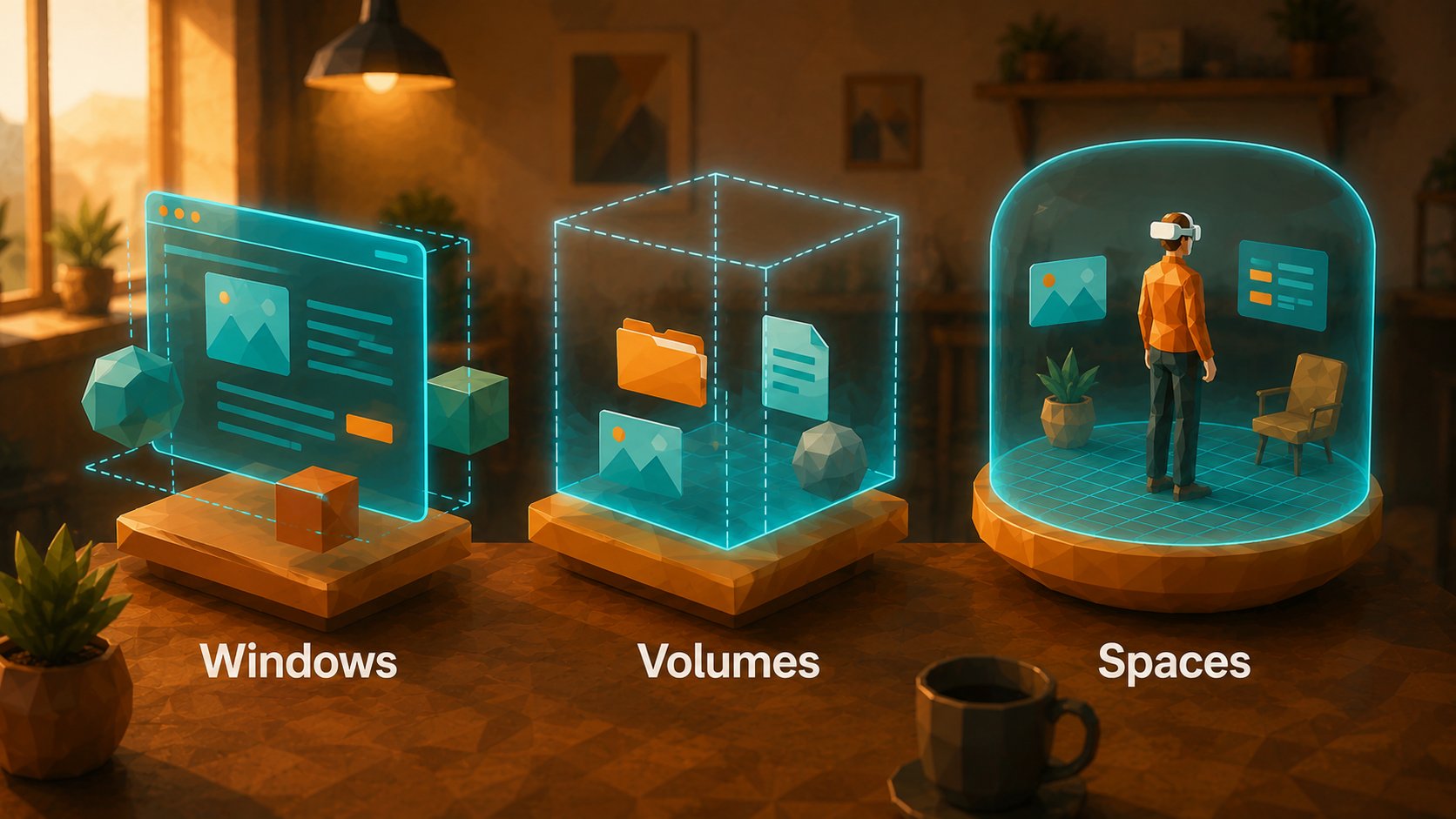 Drei Stufen einer Spatial Website: Windows, Volumes und Spaces als räumliche Elemente im Browser